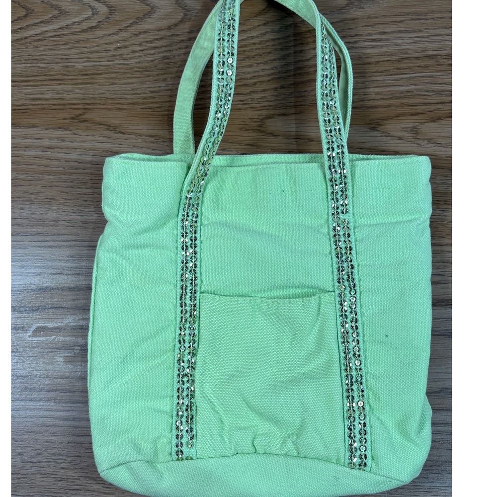 Mint Green Canvas Tote Bag Sequin Straps Front Pocket Small Casual Everyday Bag